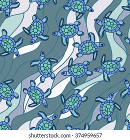 Marine theme texture doodle pictures sea, fish, animal, color isolation, waves texture turtles