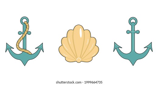 Marine theme. Two anchors and a seashell. Design elements. Vector illustration for print and internet.