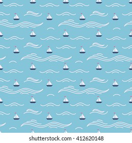 Marine theme vector seamless patterns with cute cartoon boats on the waves. Hand drawn vector illustration for birthday, anniversary, party invitations, scrapbooking, prints, cards.