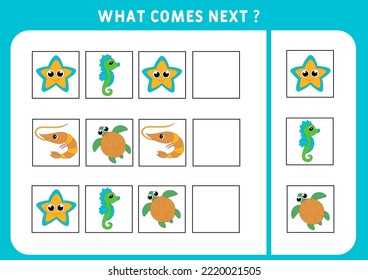 Marine theme. What comes next. What will happen next.   Vector illustration. Educational logic game for children. Continue the sequence. Activity page for preschoolers