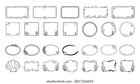Marine themed decorative frames and hand drawn borders including rectangular round and oval shapes with nautical elements like ropes waves shells and anchors. Playful summer ocean style vector elements for scrapbooking invitations stationary and nautical card designs.