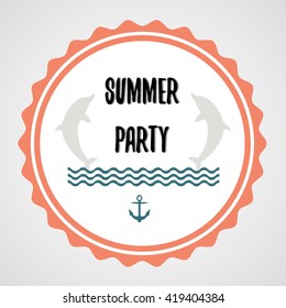 Marine themed summer party sign vector with sea waves, anchor and dolphins
