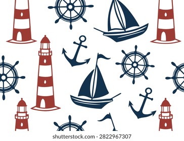 Marine themed surface pattern design features anchors sailboats lighthouses and ship wheels.