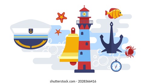 Marine themed symbols, cap of captain, beacon with light, bell and anchor for ship vessel. Timer or clock showing time, fish and crab with seastar. Animals and equipment. Vector in flat style
