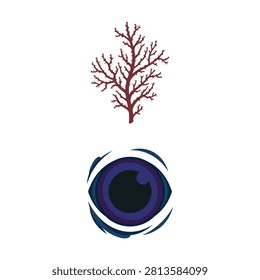 Marine themed vector set combining a detailed red coral branch and mysterious deep sea eye.
