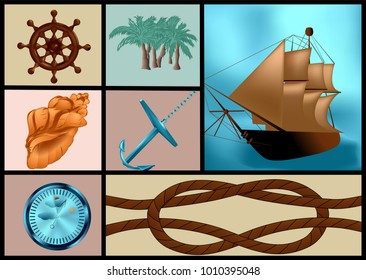 marine themes set. ship, anchor and palm tree
