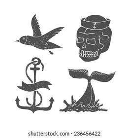 Marine themes & tattoo. Ocean. Whale. Skull. Anchor. Gull. Vector illustration in doodle style.