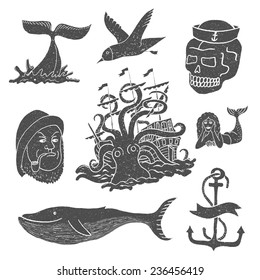 Marine Themes & Tattoo. Sailor. Ocean. Octopus. Whale. Skull. Anchor. Vector Illustration In Doodle Style.