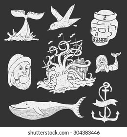 Marine themes & tattoo. Sailor. Ocean. Octopus. Whale. Skull. Anchor. Vector illustration in doodle style.