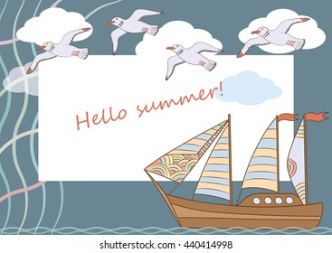 Marine theme.Vector hand drawn illustration. Postcard template with a ship and seagulls