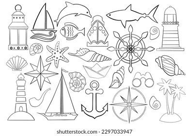 Marine thin line icon set. Outline web sign kit of nautical. Sea linear icons includes anchor, knot, wheel, rose wind. Simple marine black contour symbol isolated on white. Vector Illustration