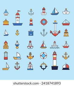 Marine thin line icon set. Simple marine black contour symbol isolated on white. Vector Illustration
