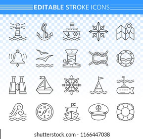 Marine thin line icons set. Outline web sign kit of nautical. Sea Knot linear icon collection includes anchor, window, captain hat. Editable stroke without fill. Marine simple contour vector symbol