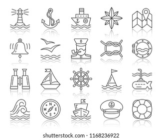 Marine thin line icons set. Outline web sign kit of nautical. Sea Knot linear icon collection boat, anchor, lighthouse, compass. Simple marine black contour symbol with reflection vector Illustration