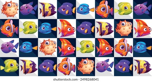 Marine tile pattern of fish, each tile has its own fish. Vector fish stylish pattern.