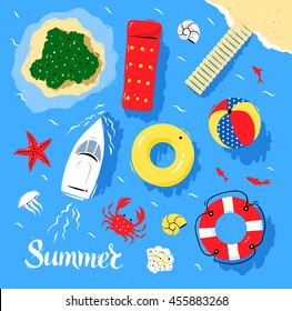 Marine Top View Vector Set Of Sea And Beach Items And Objects.