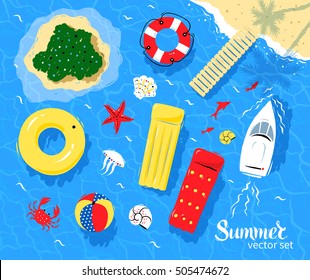 Marine Top View Vector Set Of Sea And Beach Items And Objects.