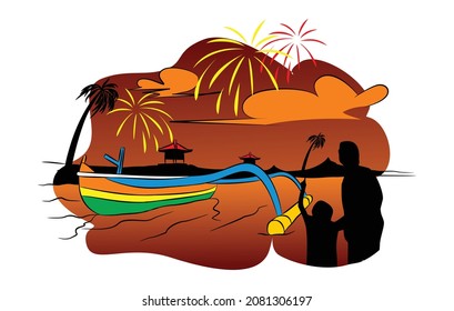 marine tourism vector flat illustration design while enjoying the beauty of the seaside fireworks party