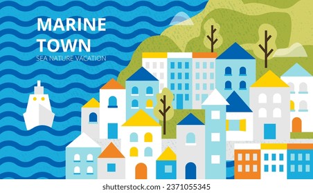 Marine Town Ship and Houses Banner. Vector Illustration of Ukraine City. Waves Water and Buildings.