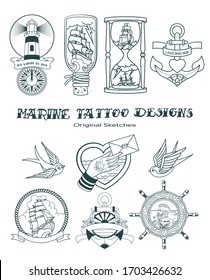 Diseño de tatuajes tradicionales marinos, golondrinas, marineros, veleros, veleros, cascos, faro, brújula, ancla, bocetos de vidrio