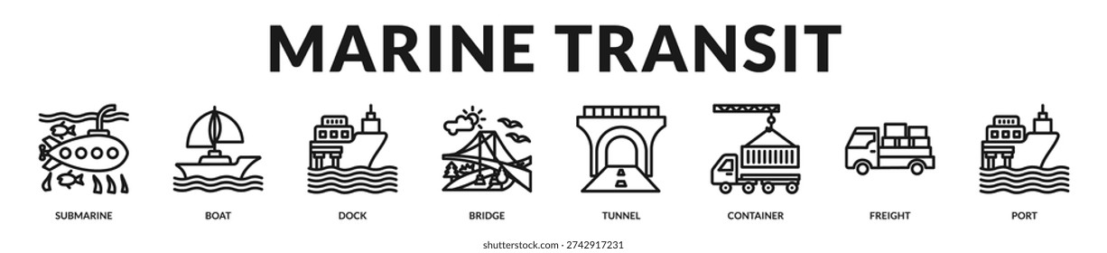 Marine transit theme focused on maritime logistics and coastal infrastructure connectivity. in Lineal Icon Style