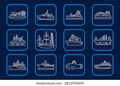 Marine transport set icon. Hovercraft, patrol boat, cargo ship, ferry, offshore platform, sailing ship, cruise liner, fishing vessel, submarine, yacht, sea travel, navigation, ocean industry