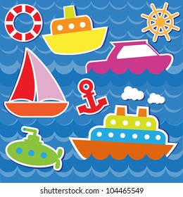 Marine transport stickers. Vector set