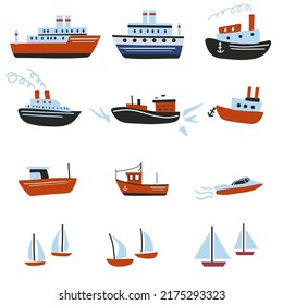 Marine transport vector set isolated on white background, decorative flat sign, Cruise boat,  yacht, icebreaker, transportation for ocean water, cartoon sea colorful symbol for travel design, map