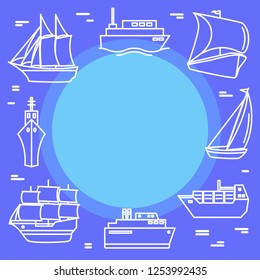 Marine travel concept banner with ship icons in line style
