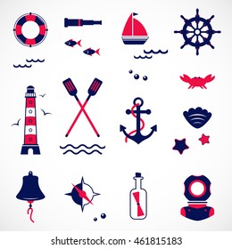  Marine travel icons, sailing elements. Nautical collection, vector set.