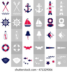 Marine travel icons, sailing elements. Nautical collection, vector set.