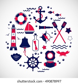 Marine travel icons, sailing elements. Nautical collection, vector set.