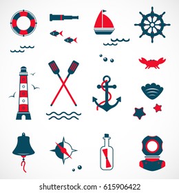 Marine travel icons, sailing elements. Nautical collection, vector set.