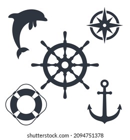 Marine travel topic graphic set symbols. Nautical signs isolated on white background. Vector illustration