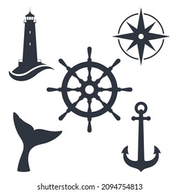 Marine travel topic graphic set symbols. Nautical signs isolated on white background. Vector illustration