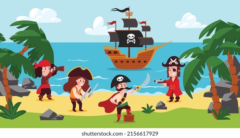 El paisaje de las islas del tesoro marino con los niños piratas fiesta en la isla deshabitada. Fondo marino con niños buscando cofres del tesoro, ilustración vectorial plana.