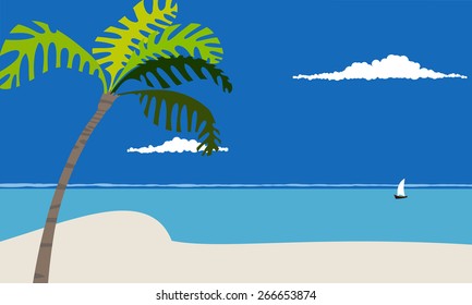Marine tropical beach. Background. Cartoon. Flat.
