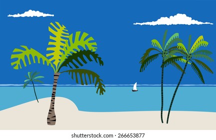 Marine tropical beach. Background. Cartoon. Flat.