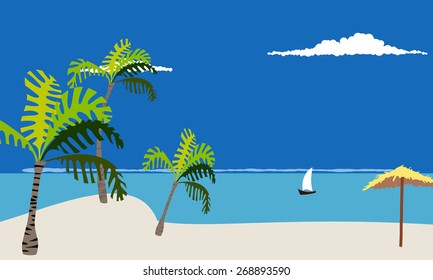 Marine tropical beach. Background. Cartoon. Flat.