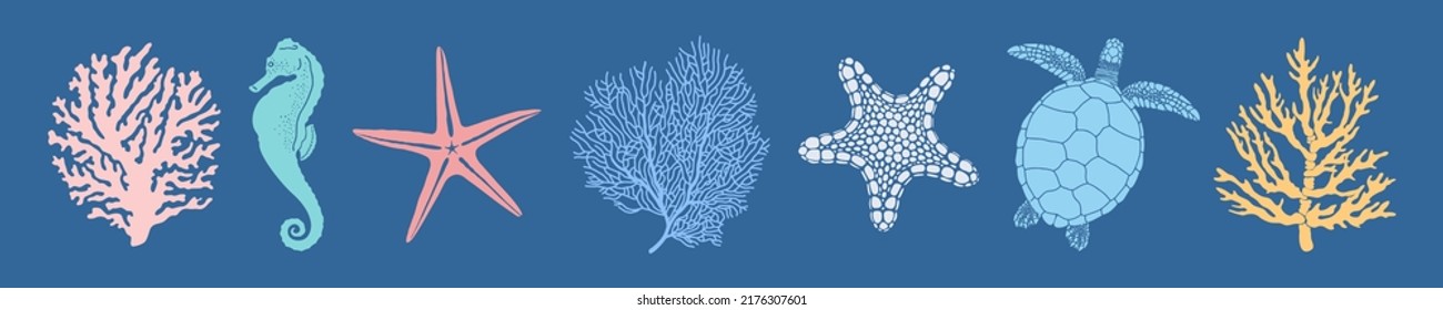 Marine tropical fauna: corals, sea horse, starfish, turtle. Vector multicolored silhouettes isolated on a blue background. - Shutterstock ID 2176307601