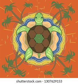 Marine tropical island turtle on the beach background from above view