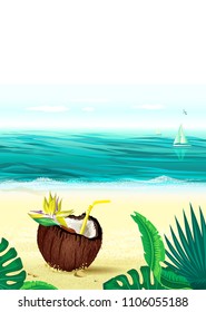 Marine tropical landscape. Best creative design for banner, poster with coconut, sea and the beach,  sailboats, seagulls and flowers paradise bird, palm leaves.