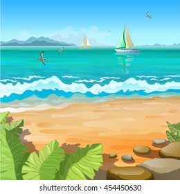 Marine tropical landscape  outdoors. Sailboats and gull on the high seas. Stones and tropical plants.