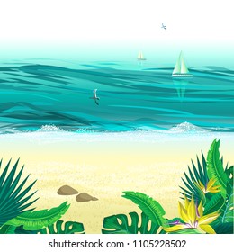 Marine tropical landscape. Sailboats and gull on the high seas. Stones and tropical plants.