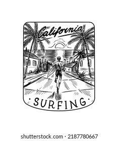 Marine tropical landscape with surfboards against the backdrop of sunset and palm trees.. Surf badge. Retro Wave. Vintage logo. Summer California labels. Engraved emblem hand drawn. Banner or poster