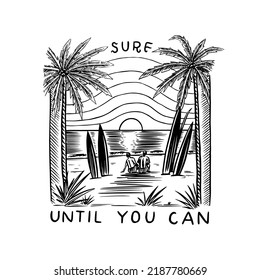 Marine tropical landscape with surfboards against the backdrop of sunset and palm trees.. Surf badge. Retro Wave. Vintage logo. Summer California labels. Engraved emblem hand drawn. Banner or poster