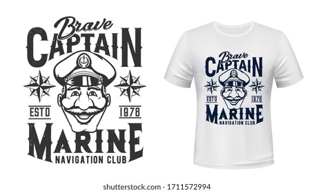 Marine T-shirt print, captain in hat with anchor, vector grunge navy blue template mockup. Sea and ocean ship and seafaring navigation club sign with blue grunge compass or wind rose emblem