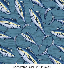 Marine tuna colorful pattern seamless fish Thunnini of mackerel family floating on ocean floor or in sea water vector illustration
