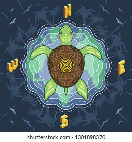 Marine turtle inside the compass on blue mosaic island water background