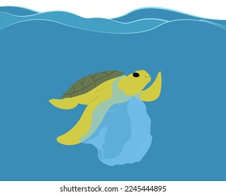 Marine turtle stuck in plastic bag floating among other plastic trash in a sea